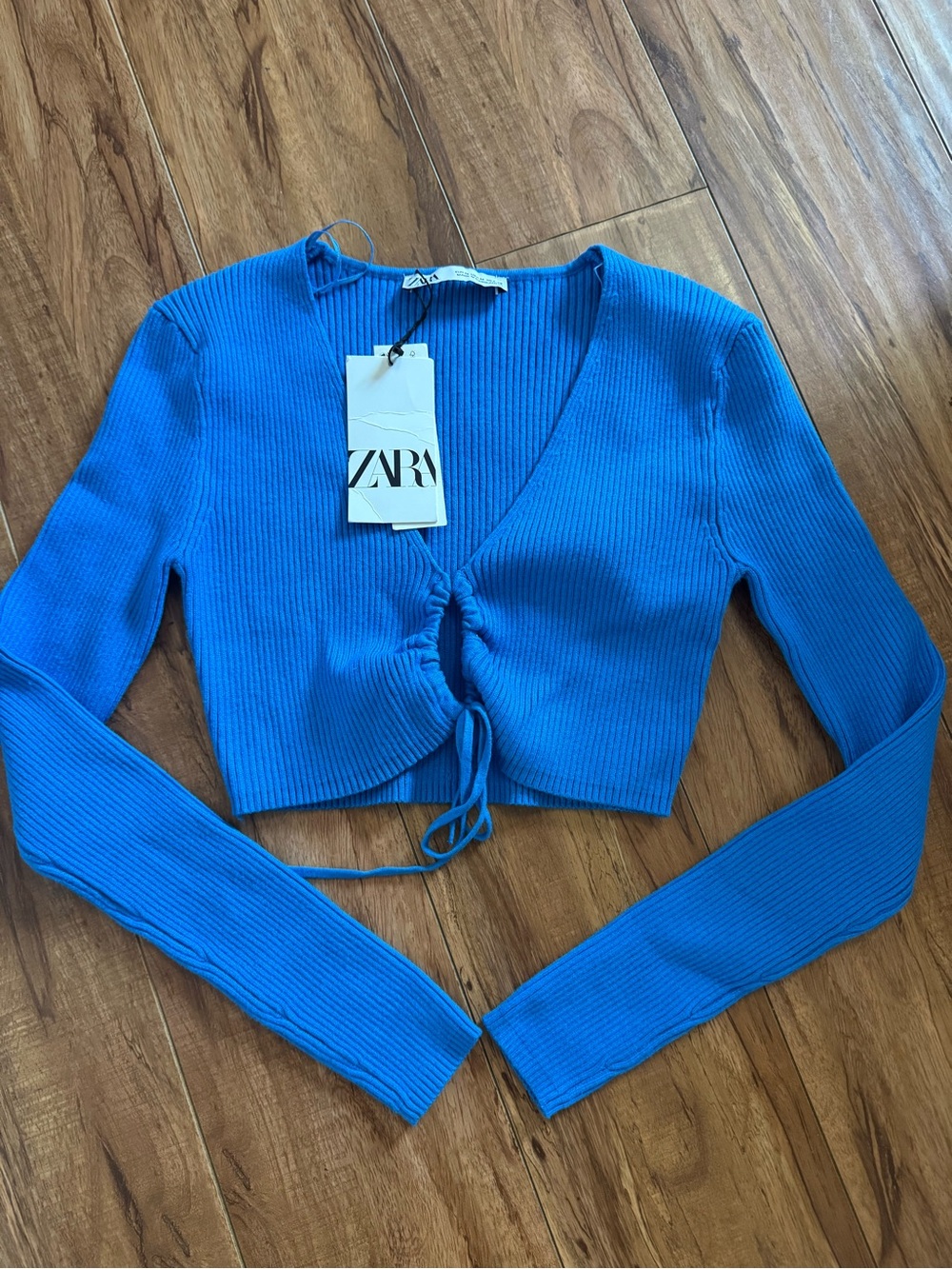 Zara Teal Blue Ribbed Drawstring Cropped Top